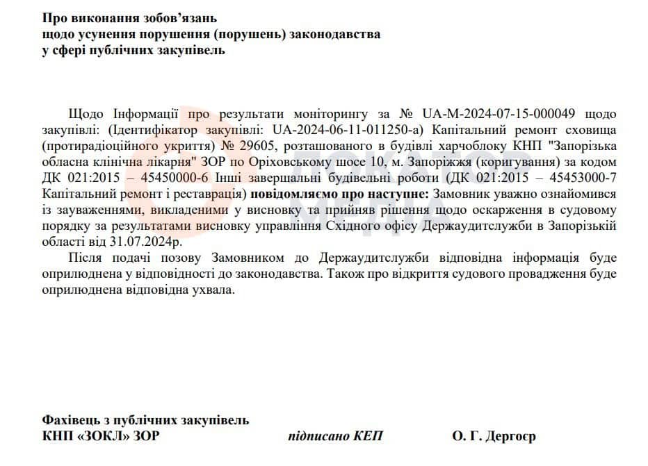 КНП «Запорізька обласна клінічна лікарня» ЗОР оскарження Держаудитслужба