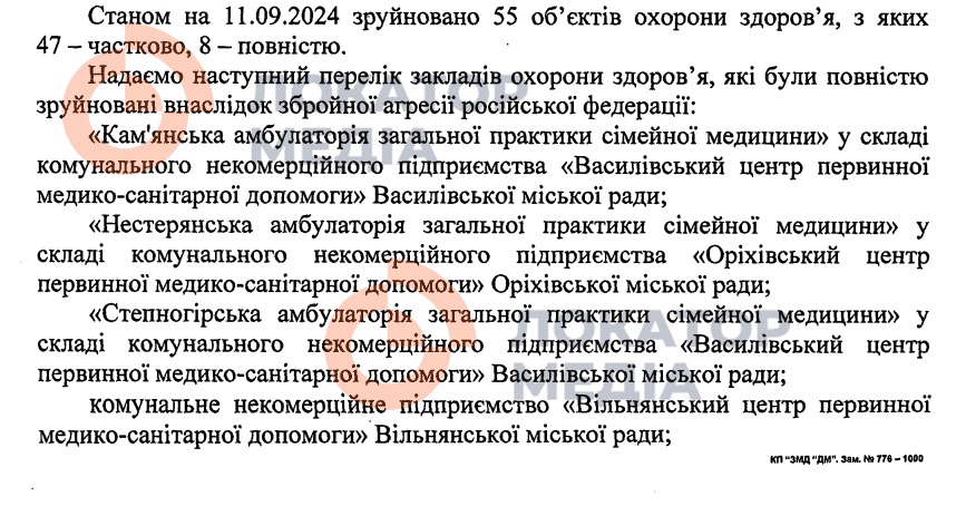 Зруйновані медзаклади Запорізька область