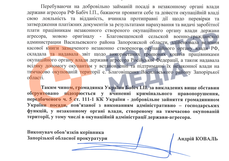 підозра у колабораційній діяльності депутатці Ірині Бабіч