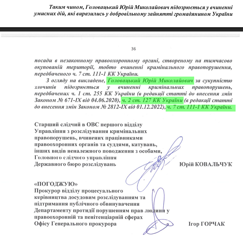 Головацький Юрій Миколайович колаборант підозра