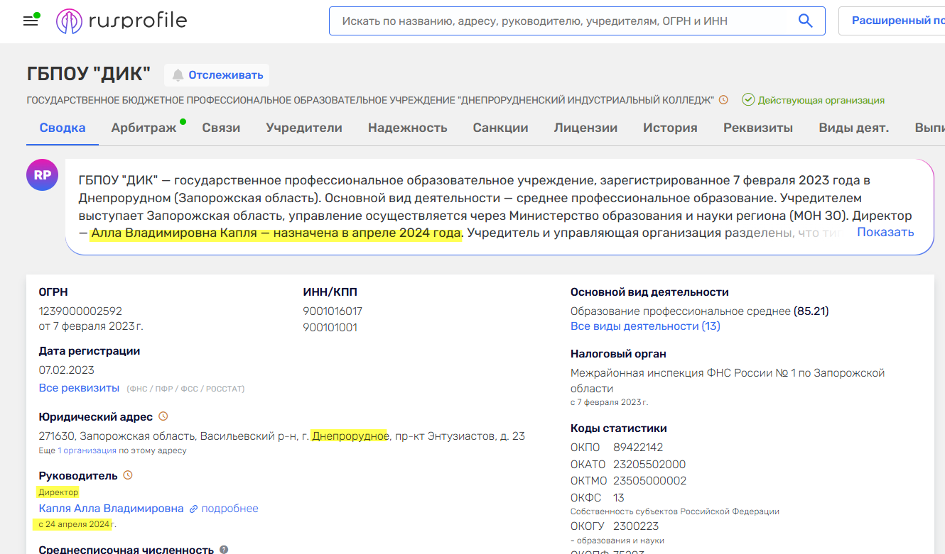 Капля Алла Володимирівна директор колаборант коледж дніпрорудне