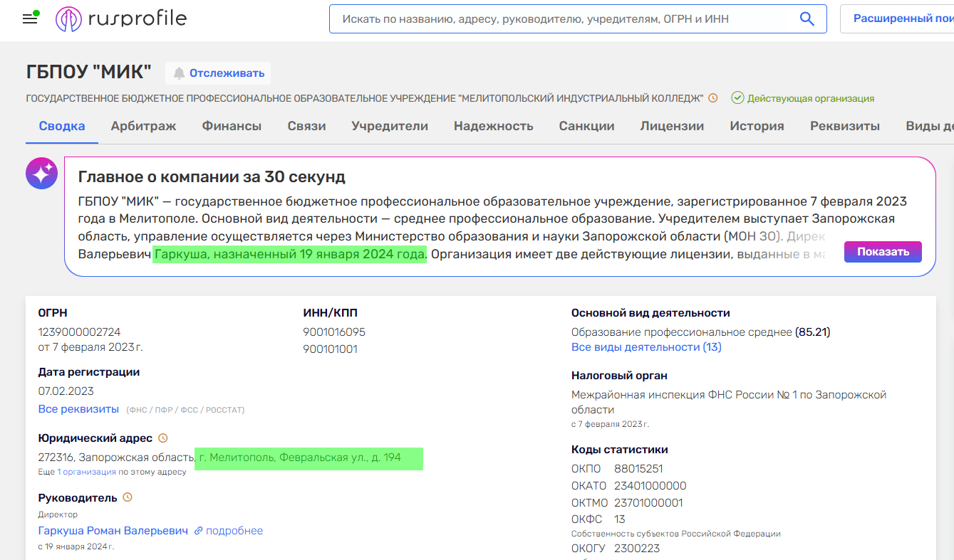 Гаркуша Роман колаборант мелітопольський індустріальний коледж