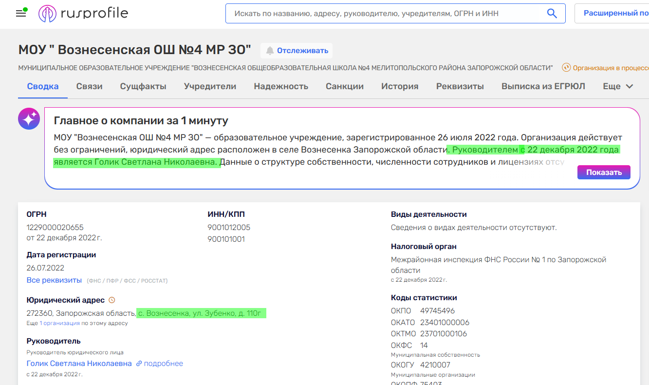 Голік Світлана Миколаївна колаборант школа с. Вознесенка
